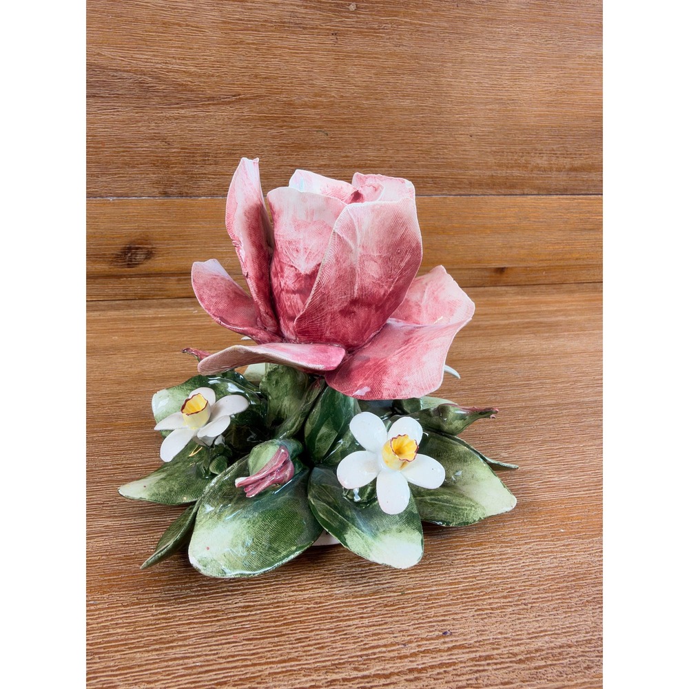 VTG Capodimonte Porcelain Flowers Pink Rose Floral Centerpiece Made in Italy